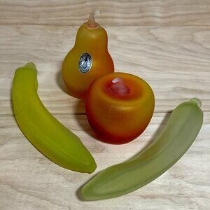 Mid Century Modern Pilgrim Satin Glass Fruit Paperweights Banana Apple Pear
